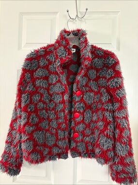 Sugar Red and Gray Faux Fur Patterned Teddy Jacket